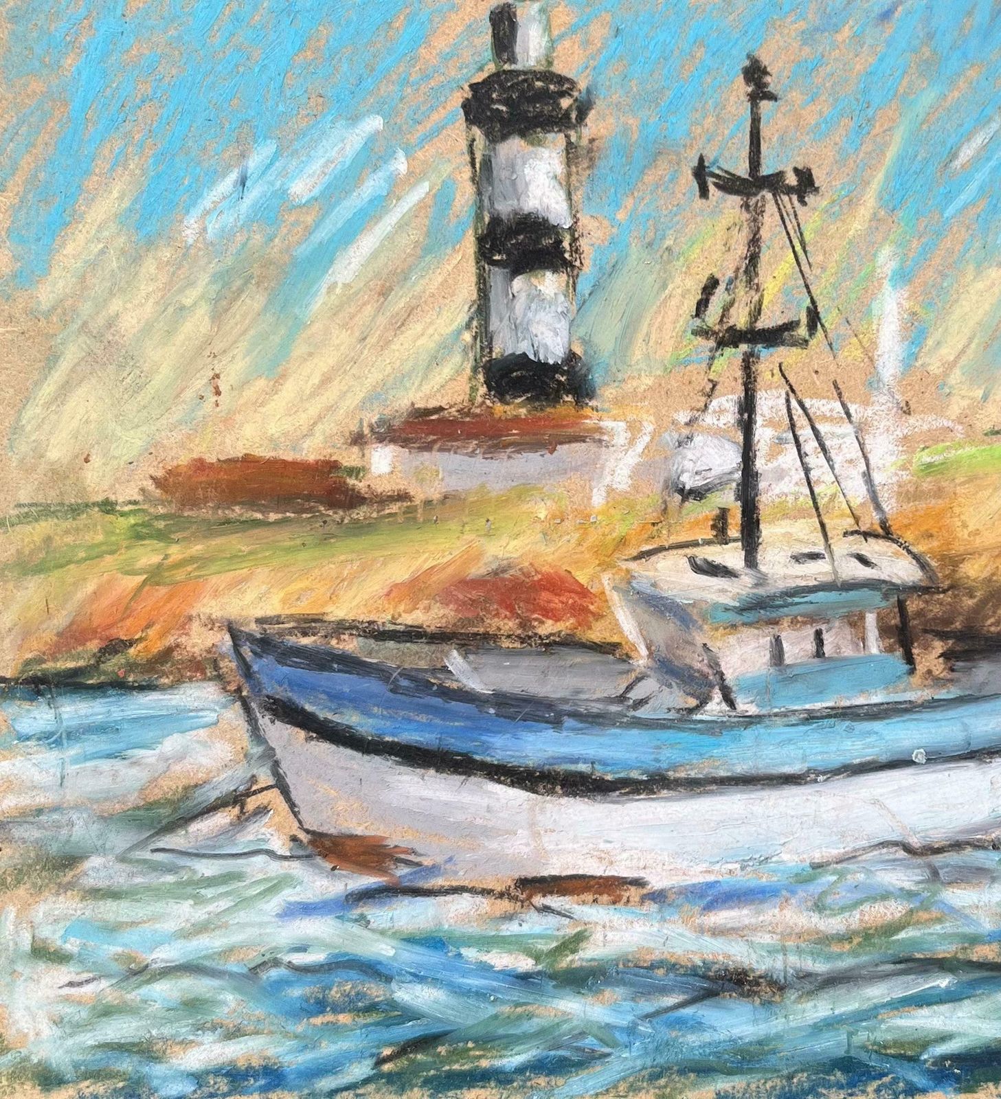 Fanch Lelfrench Coastal Scene With Fishing Boat And Lighthouse In Pastel20th Century photo Art
