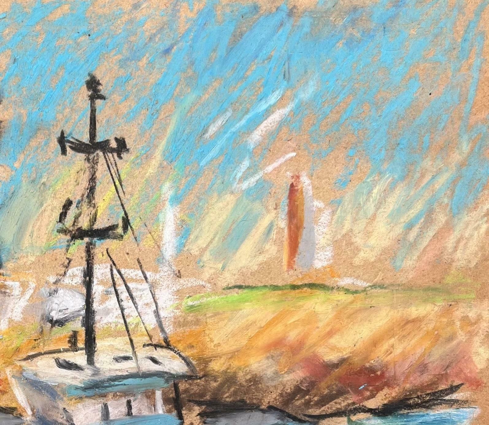 Fanch Lelfrench Coastal Scene With Fishing Boat And Lighthouse In Pastel20th Century photo vinterior