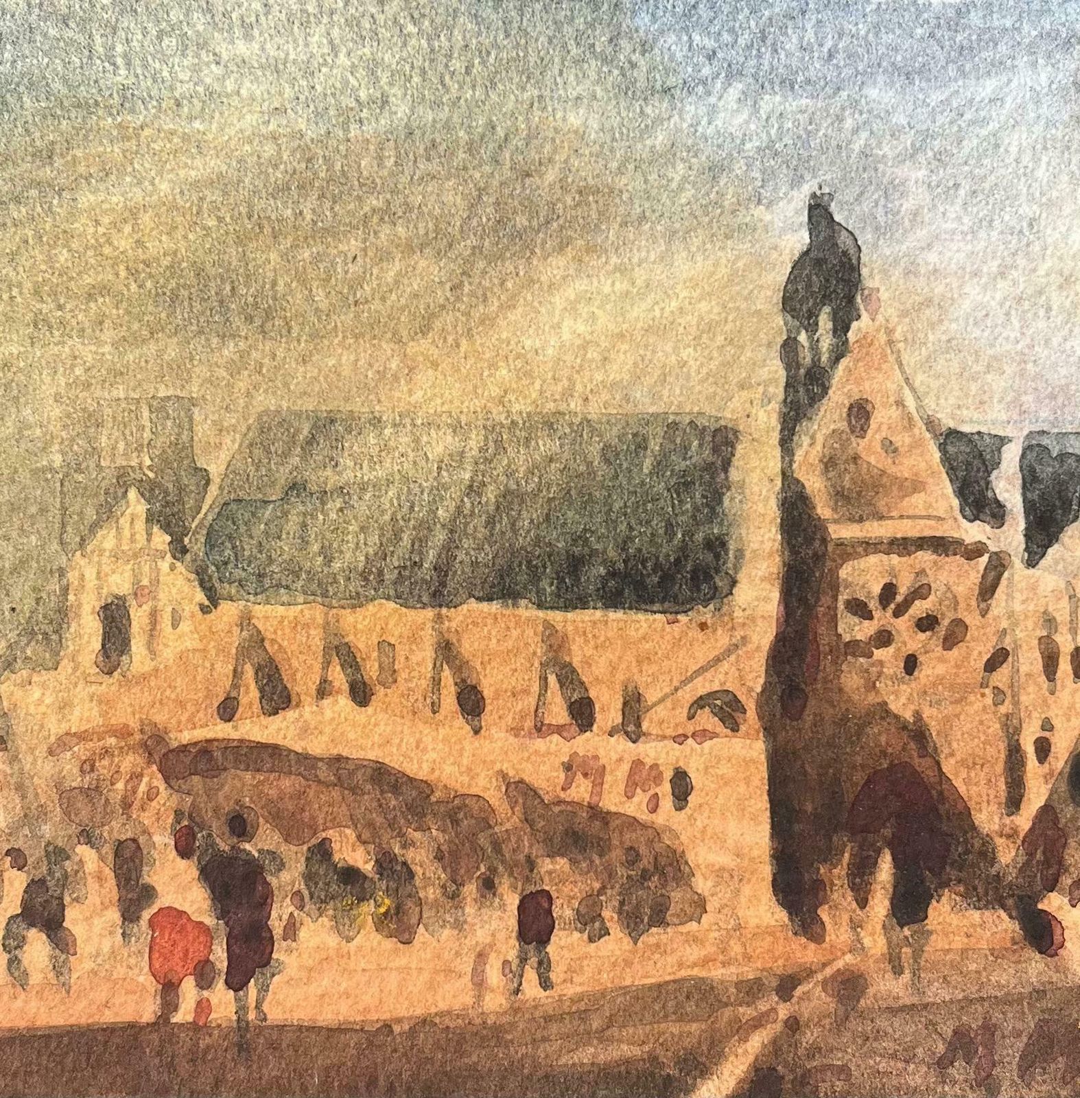Maurice Mazeiliefrench Impressionist Watercolor Of A Bustling Market Scene With Gothic Church20th Century photo Art