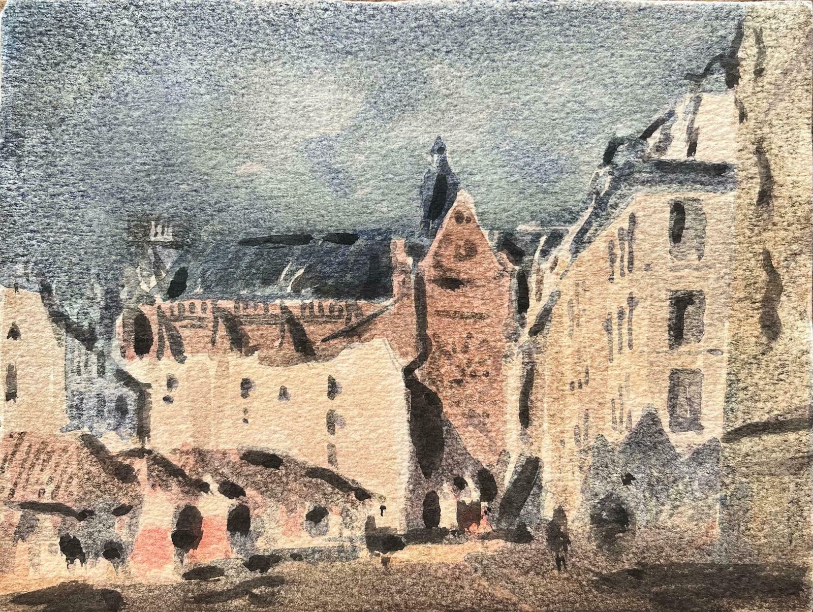 Maurice Mazeiliefrench Impressionist Watercolor Of A Gothic Church And Town Square20th Century