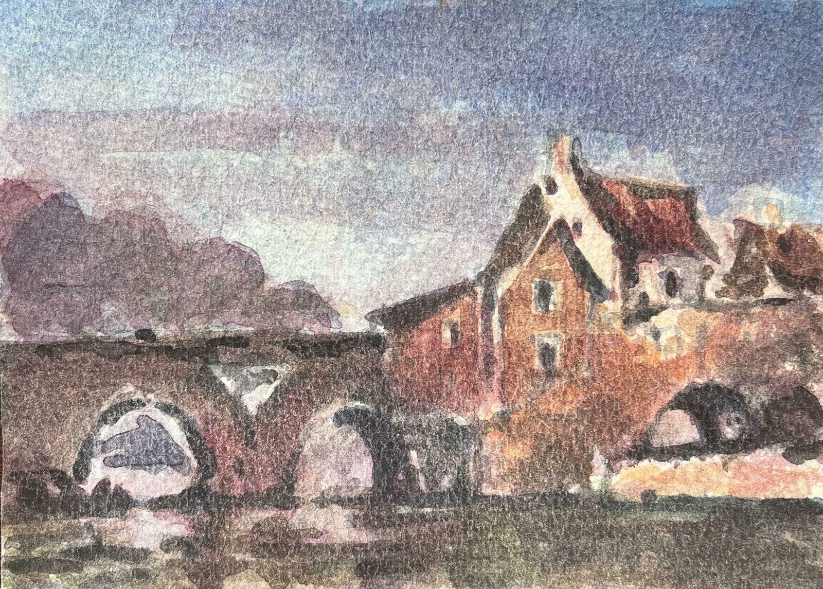 Maurice Mazeiliefrench Impressionist Watercolor Of A Stone Bridge And Riverside Buildings20th Century