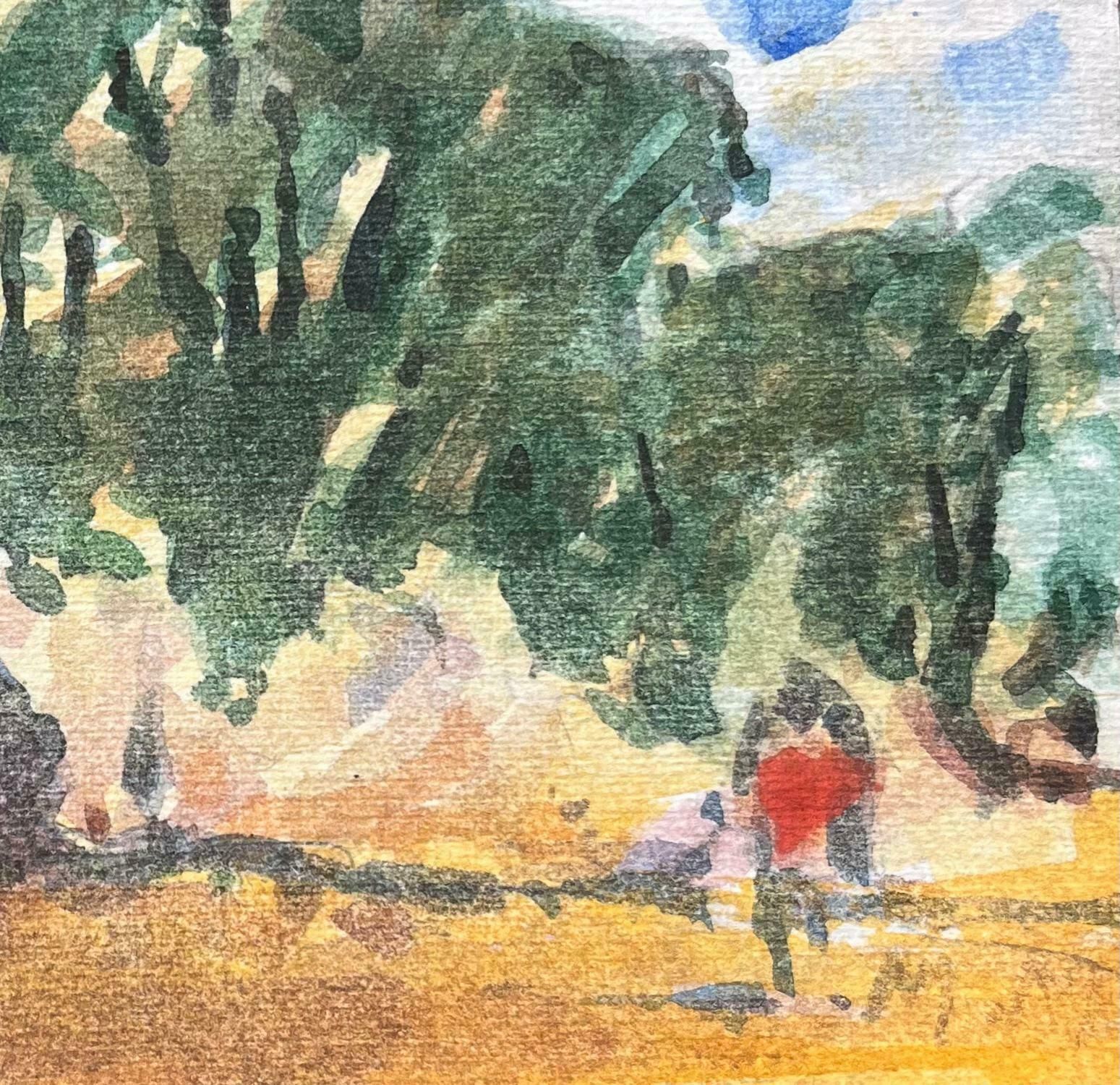 Maurice Mazeiliefrench Impressionist Watercolor Of A Sunlit Forest Scene With Figures20th Century photo for sale