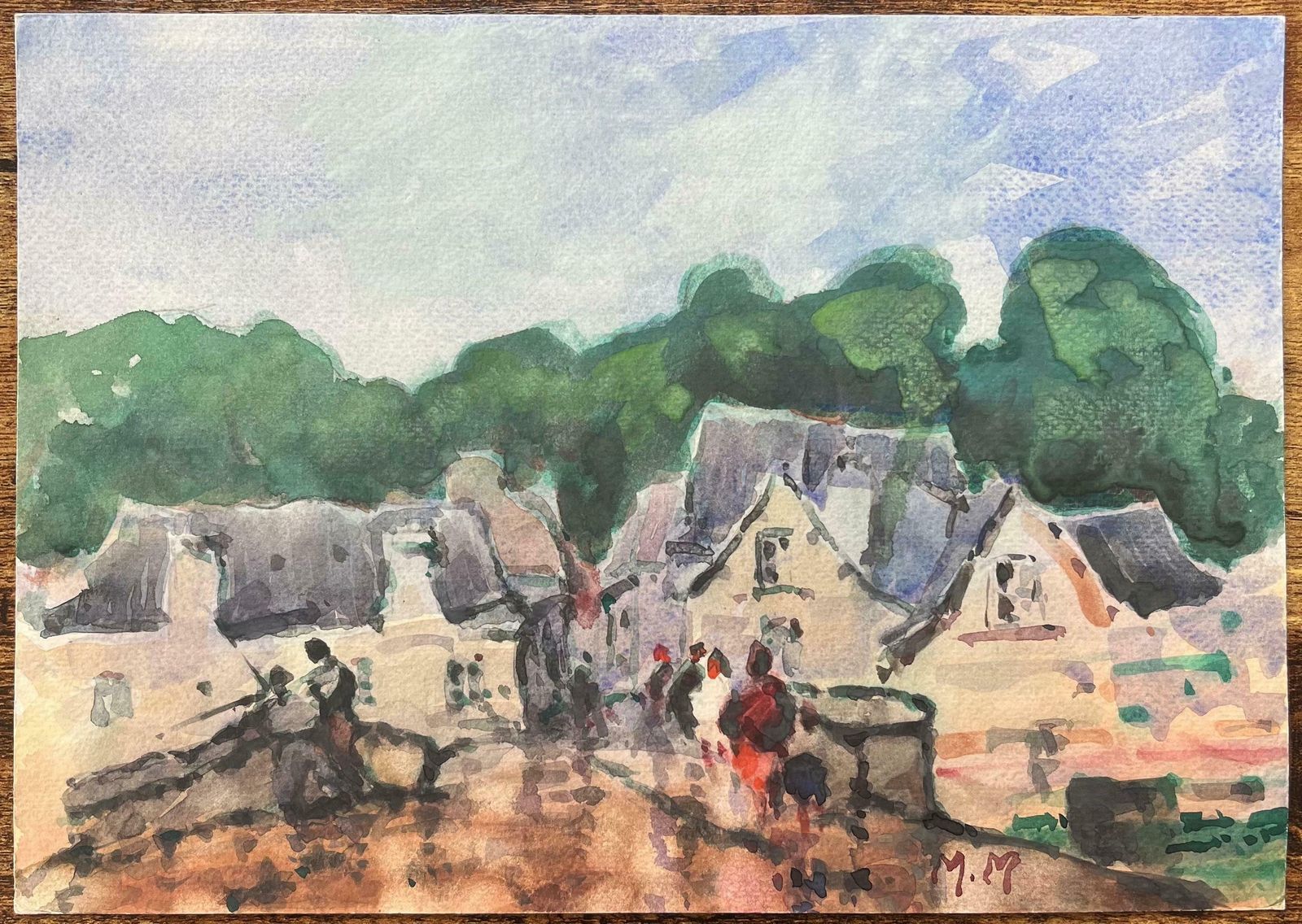 Maurice Mazeiliefrench Impressionist Watercolor Of A Village Scene With Figures And Trees20th Century photo furniture