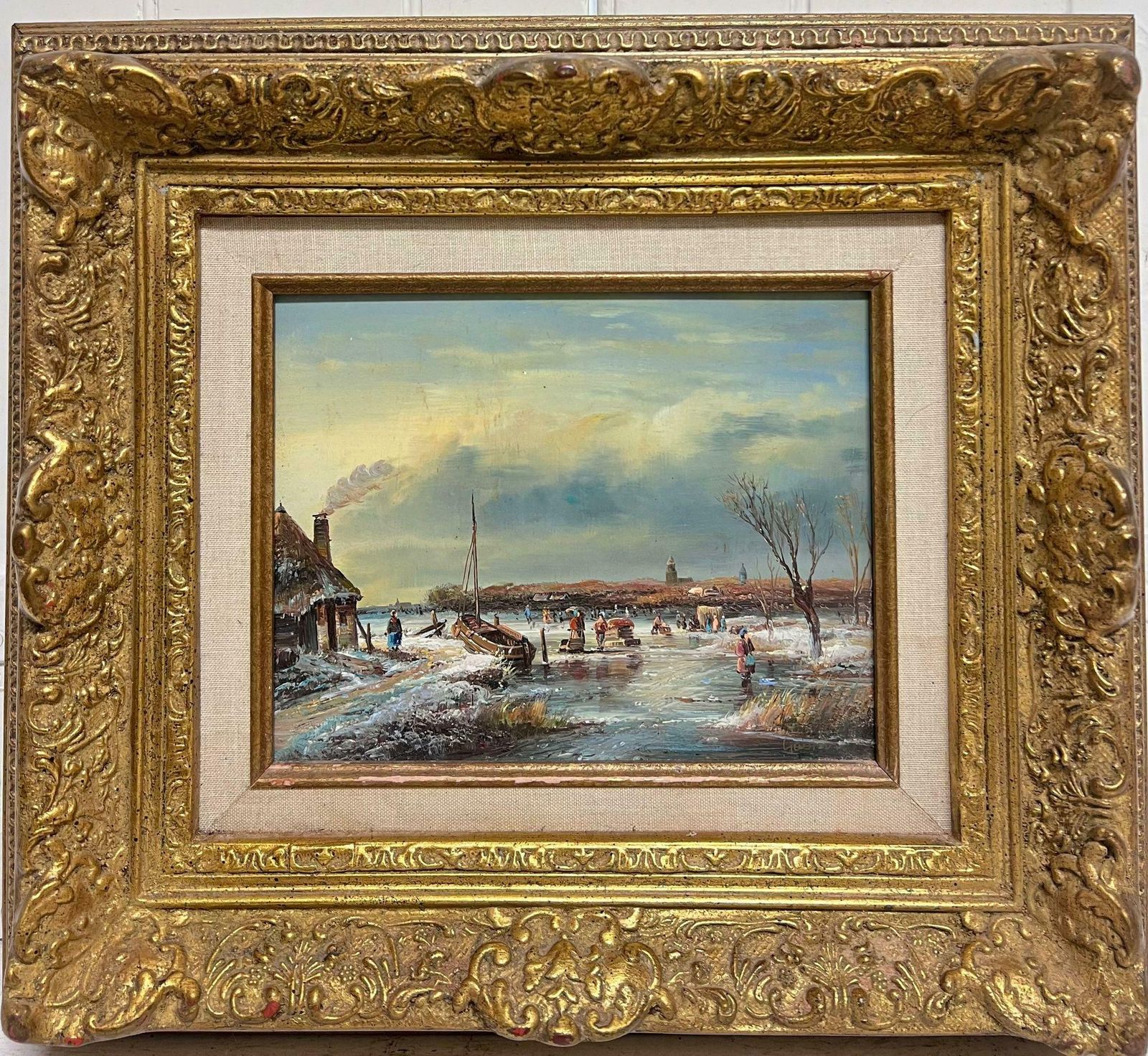 Johnny Gastonfine Dutch Winter Ice Landscape Figures Playing Ice Signed Oil Gilt Swept Frame