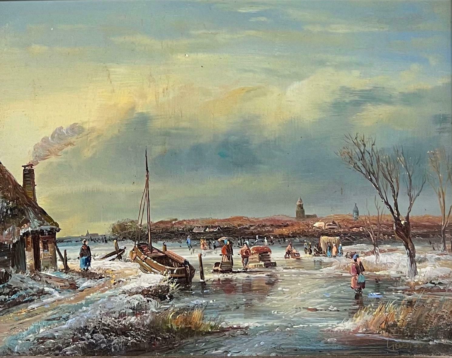 Johnny Gastonfine Dutch Winter Ice Landscape Figures Playing Ice Signed Oil Gilt Swept Frame photo furniture