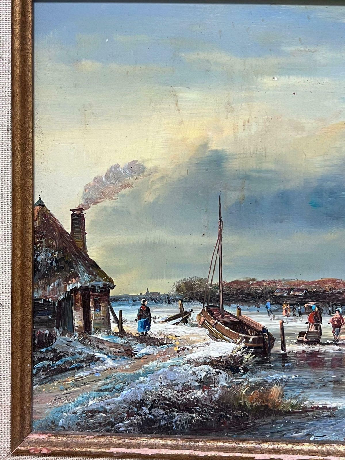 Johnny Gastonfine Dutch Winter Ice Landscape Figures Playing Ice Signed Oil Gilt Swept Frame photo 1195.0