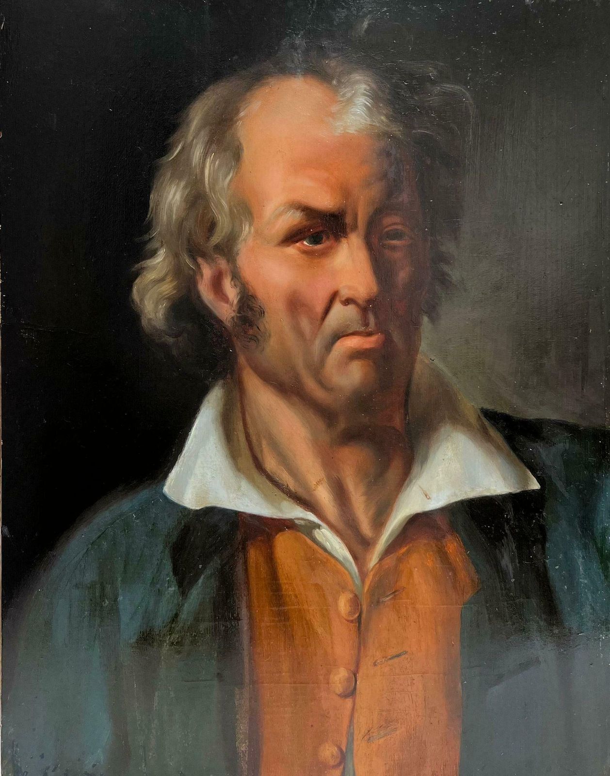 French 1800'slarge 1800's French Oil On Wood Panel Portrait Of A Rugged Dressed Man