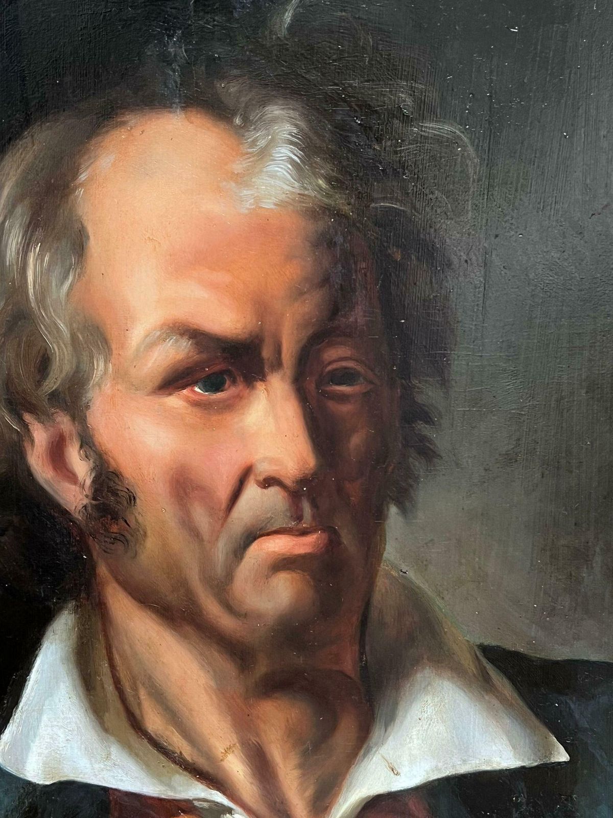 French 1800'slarge 1800's French Oil On Wood Panel Portrait Of A Rugged Dressed Man photo vinterior
