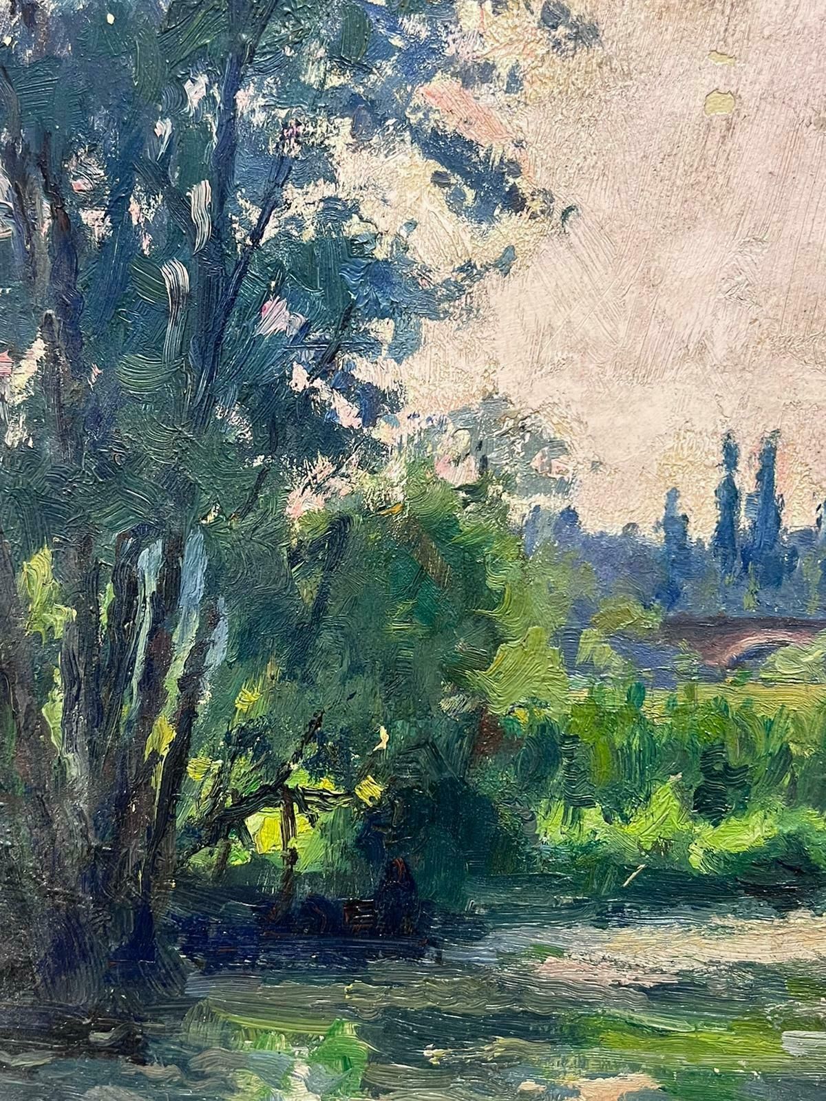 Charles Martin Sauvaigofine Antique French Impressionist Signed Oil Painting River Through Meadows photo for sale