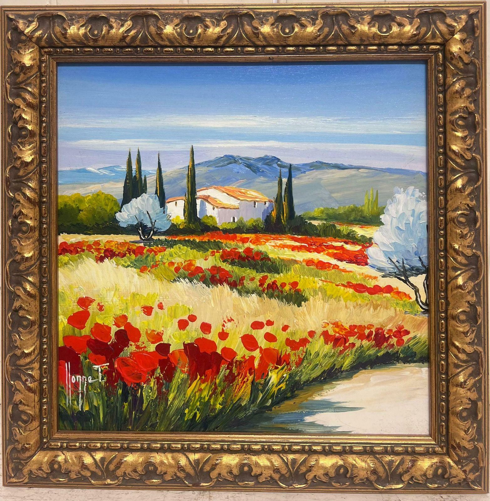 French Schoolpoppy Fields In Provence Signed French Modernist Oil Painting Gilt Framed