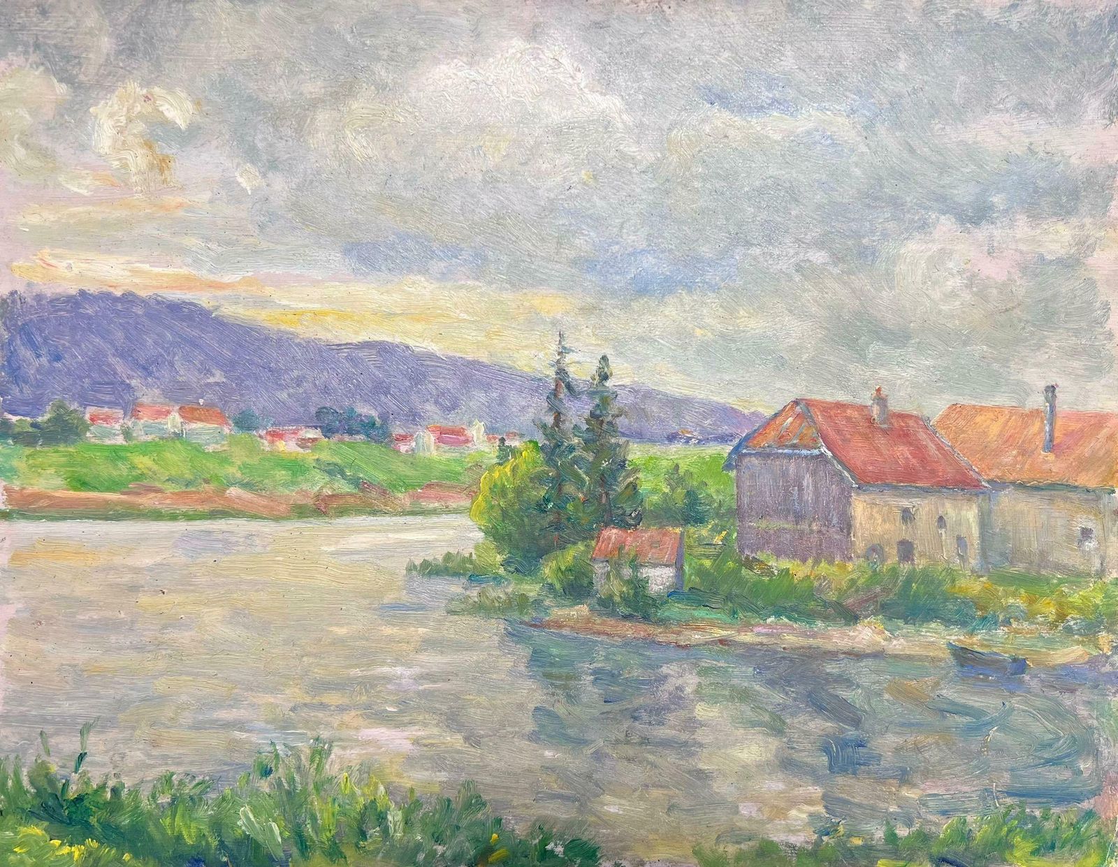Regine Davidriverside Village With Distant Hills Tranquil Landscape Oil Painting1950's