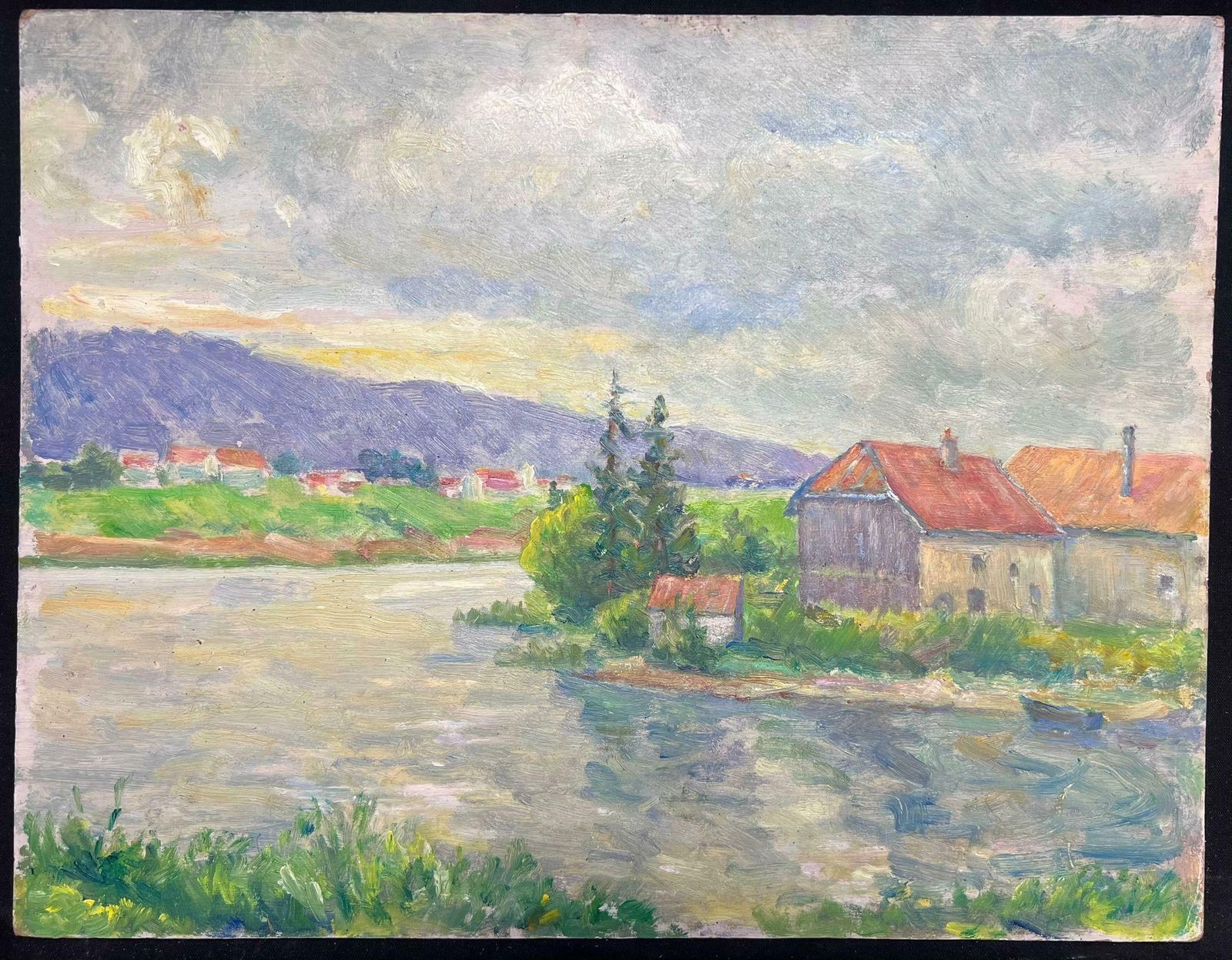 Regine Davidriverside Village With Distant Hills Tranquil Landscape Oil Painting1950's photo furniture