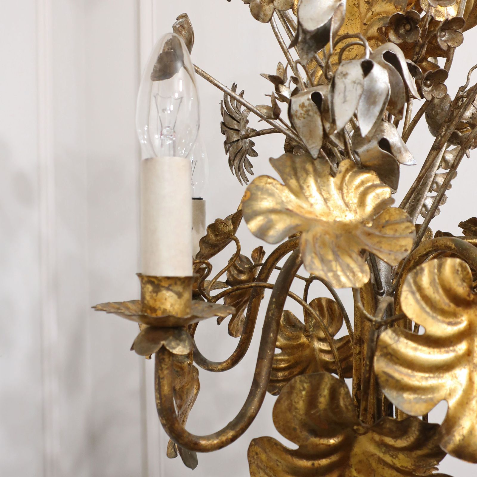 Hollywood Regency Italian Mid Century Gilt And Silver Gilt Metal Floral Chandelier photo for sale