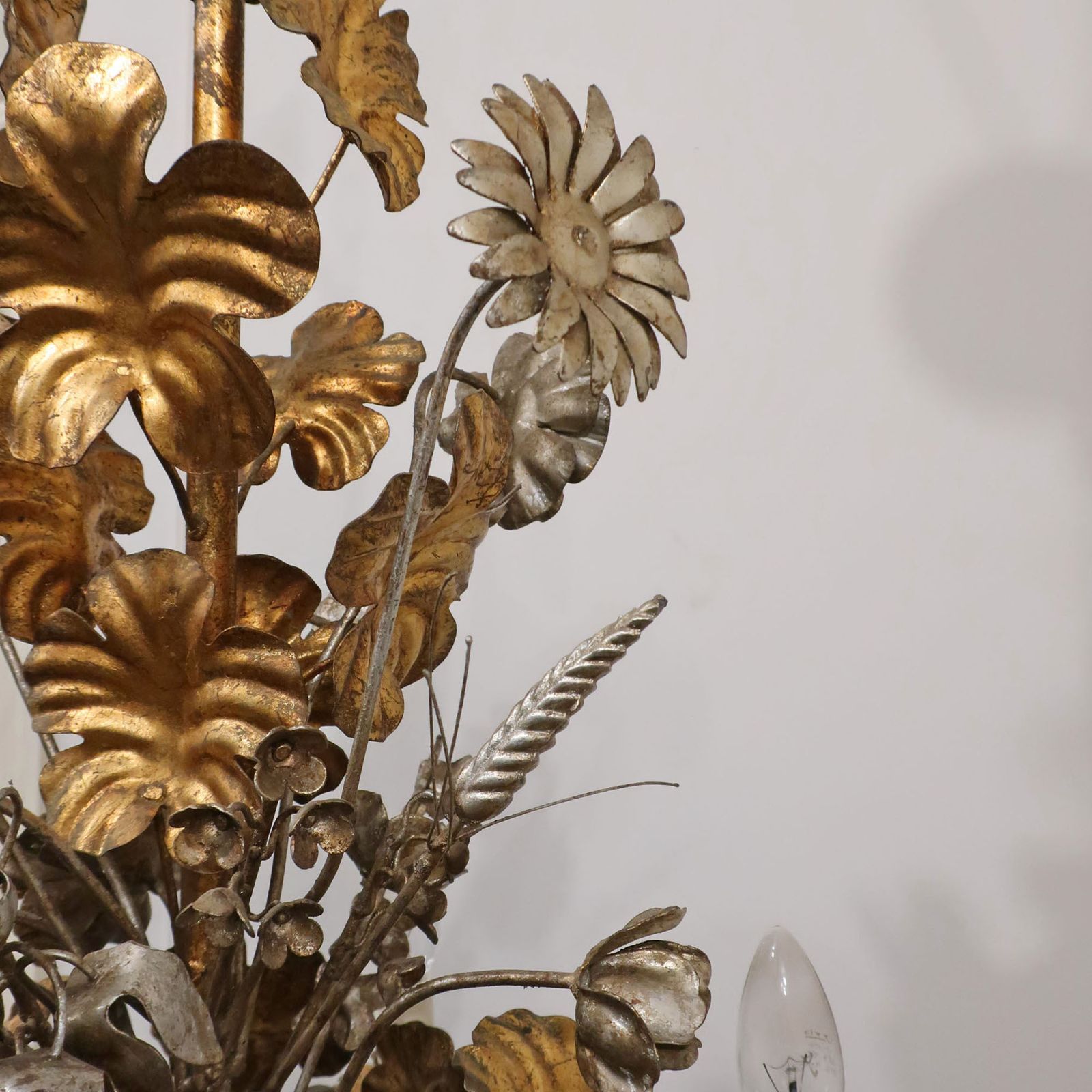 Hollywood Regency Italian Mid Century Gilt And Silver Gilt Metal Floral Chandelier photo Lighting