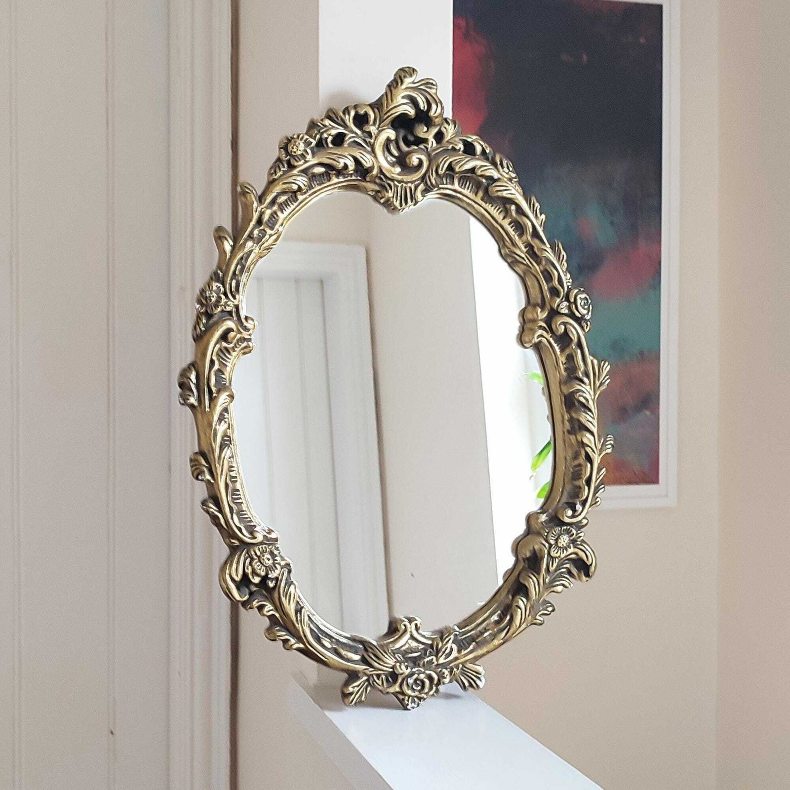 19th Century Ornate Gold Gilt Plaster Wall Mirror Rococo Baroque Oval Floral & Foliage Decorated Gold Frame Old Hollywood Regency 24 X 17.5" photo for sale