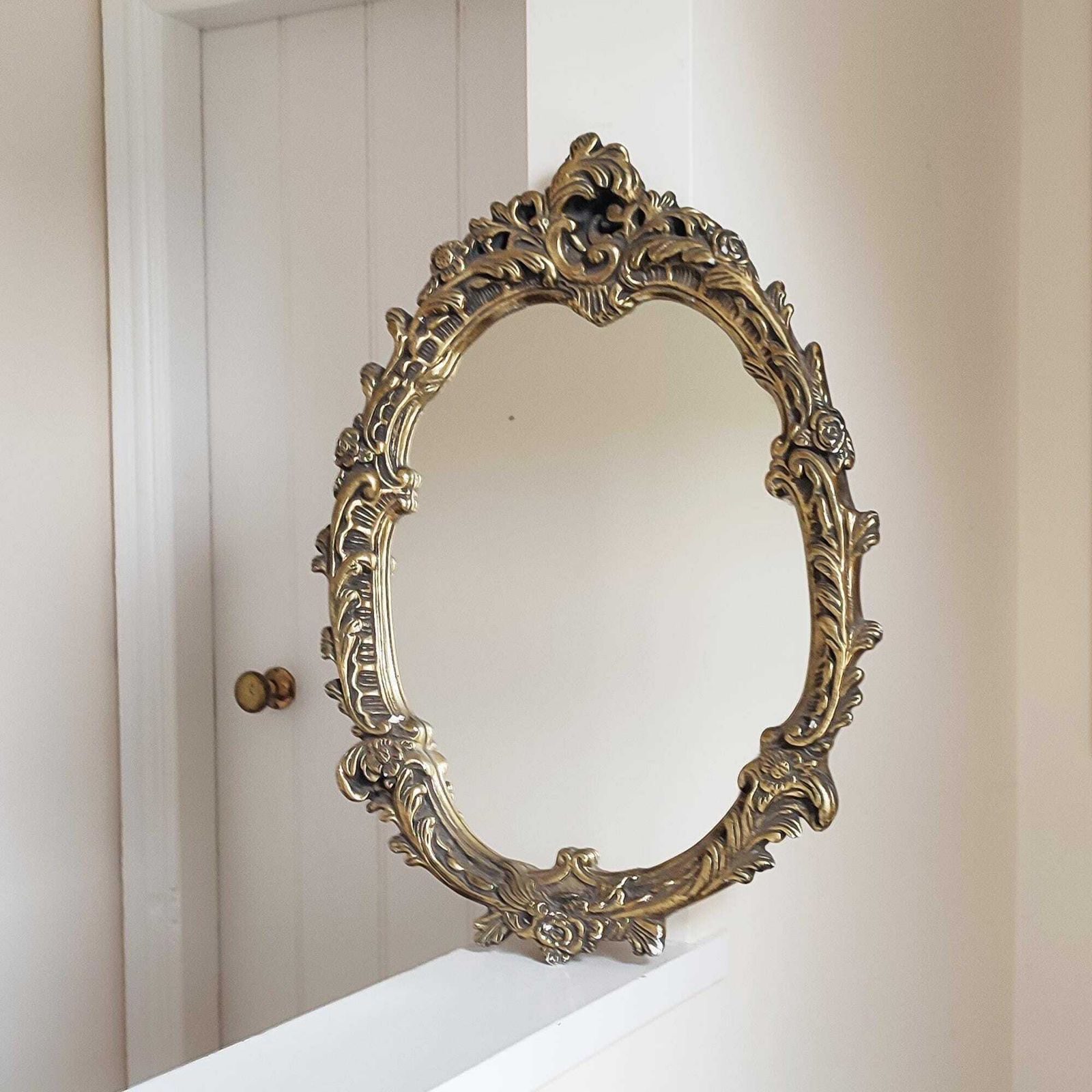 19th Century Ornate Gold Gilt Plaster Wall Mirror Rococo Baroque Oval Floral & Foliage Decorated Gold Frame Old Hollywood Regency 24 X 17.5" photo vinterior
