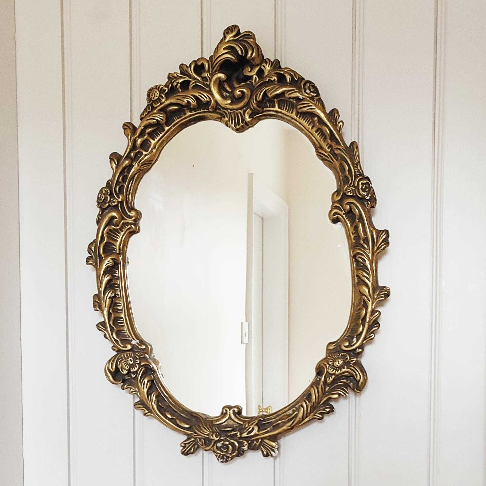 19th Century Ornate Gold Gilt Plaster Wall Mirror Rococo Baroque Oval Floral & Foliage Decorated Gold Frame Old Hollywood Regency 24 X 17.5" photo vintage