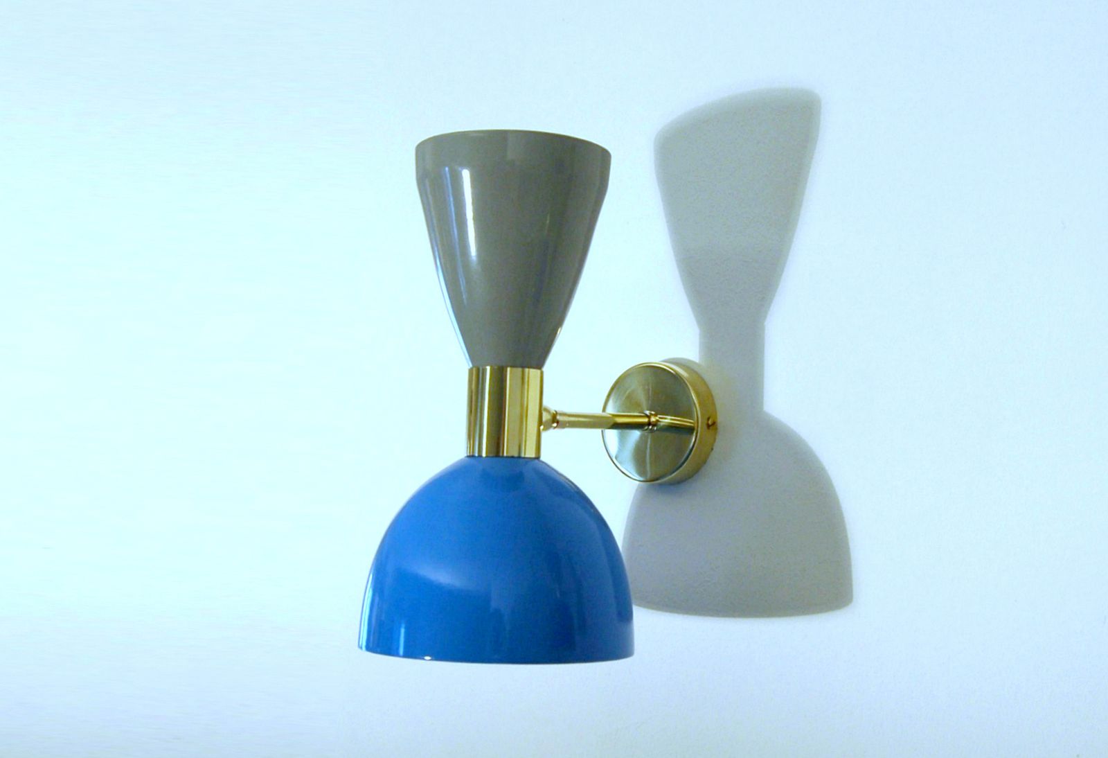 Pair Of Wall Lamp Metal And Brass / Light Blue And Gray Color / Stilnovo Style '50 photo for sale
