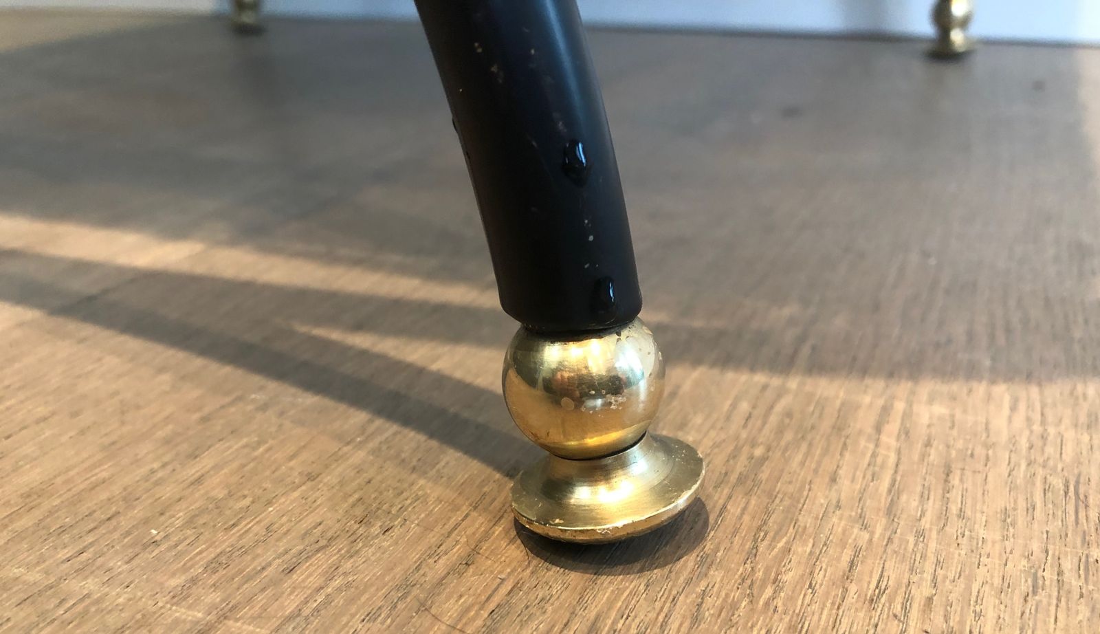 Furniture Neoclassical Style Stool In Black Lacquered Metal, Brass And Velvet photo