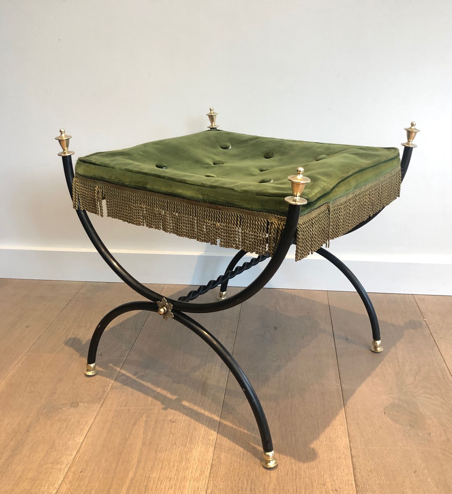 950.0 Neoclassical Style Stool In Black Lacquered Metal, Brass And Velvet photo