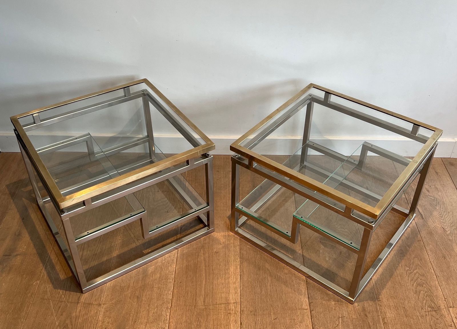 Pair Of Designer Side Tables In Chrome, Brass And Glass Tops