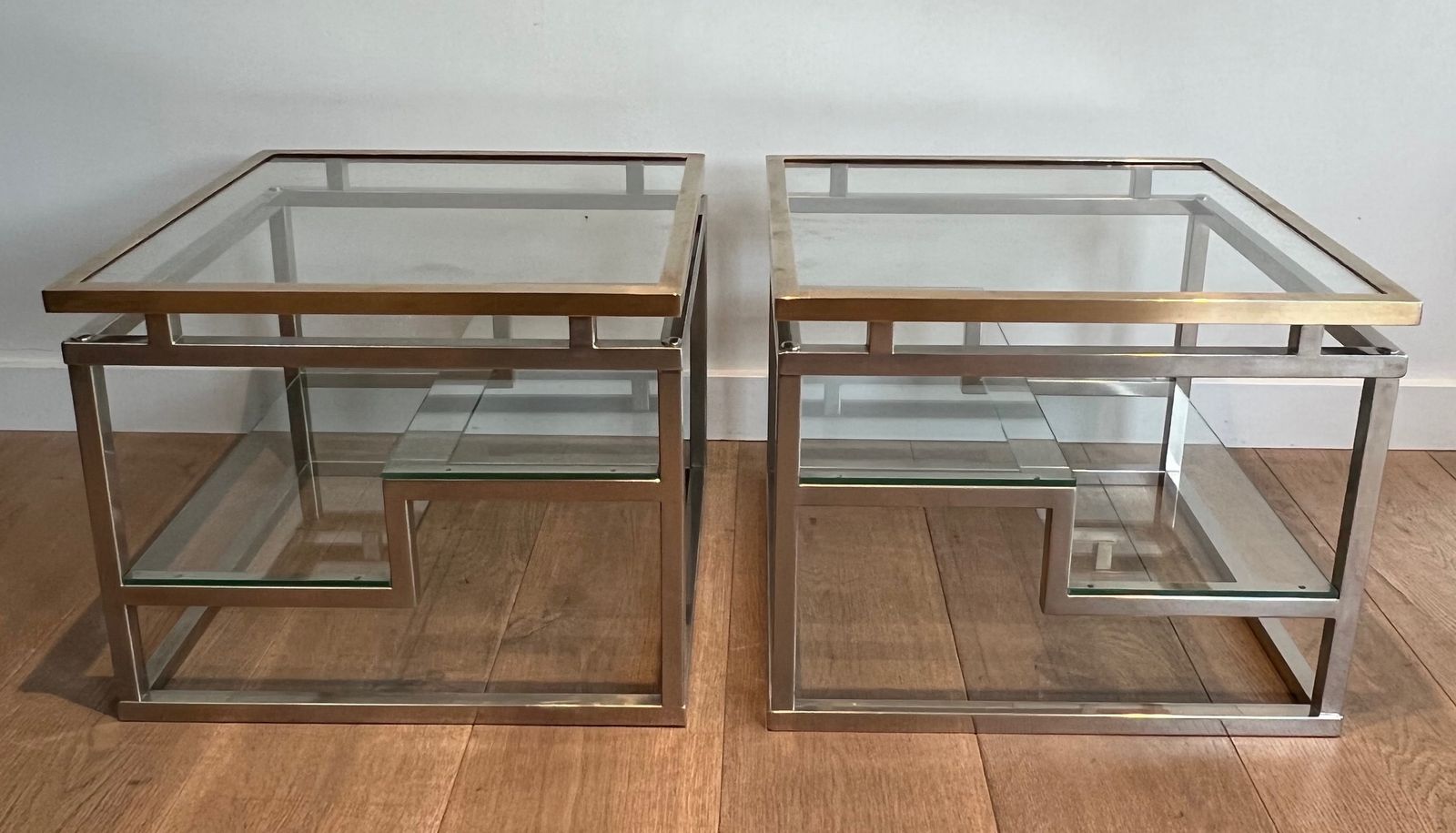 Pair Of Designer Side Tables In Chrome, Brass And Glass Tops photo for sale