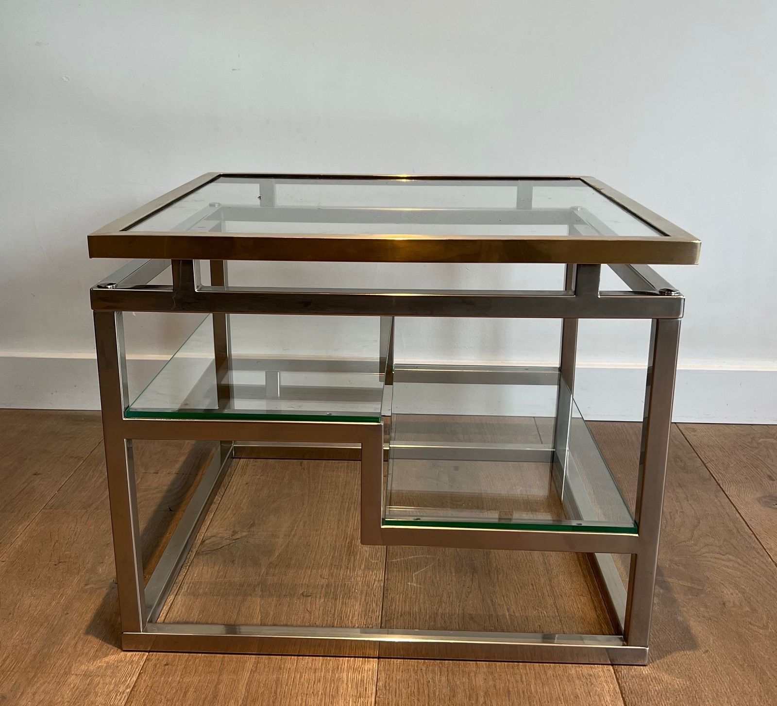 Pair Of Designer Side Tables In Chrome, Brass And Glass Tops photo Furniture