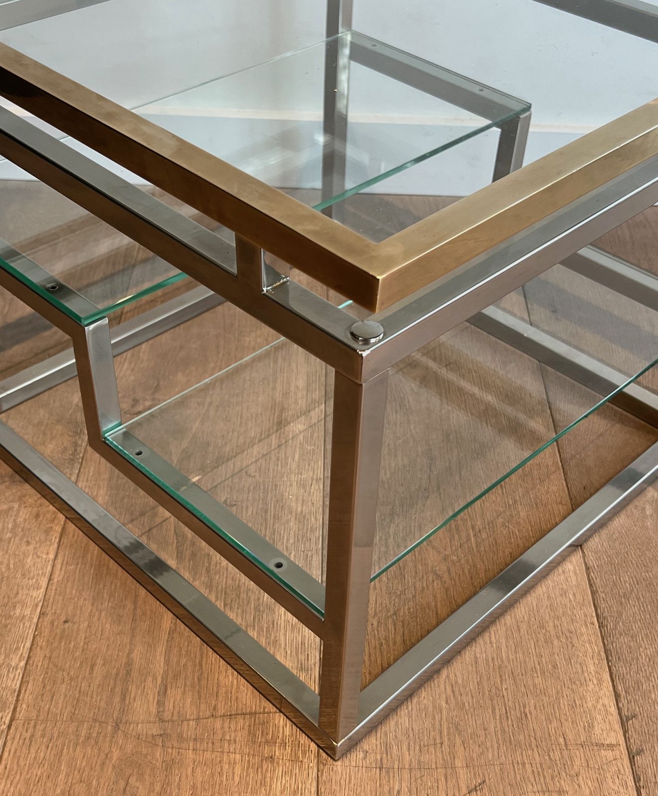 Pair Of Designer Side Tables In Chrome, Brass And Glass Tops photo buy