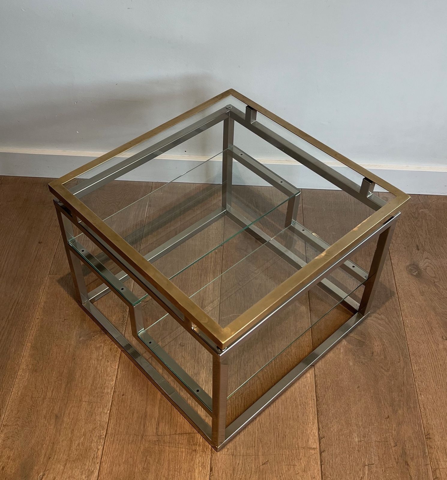 photo vinterior Pair Of Designer Side Tables In Chrome, Brass And Glass Tops