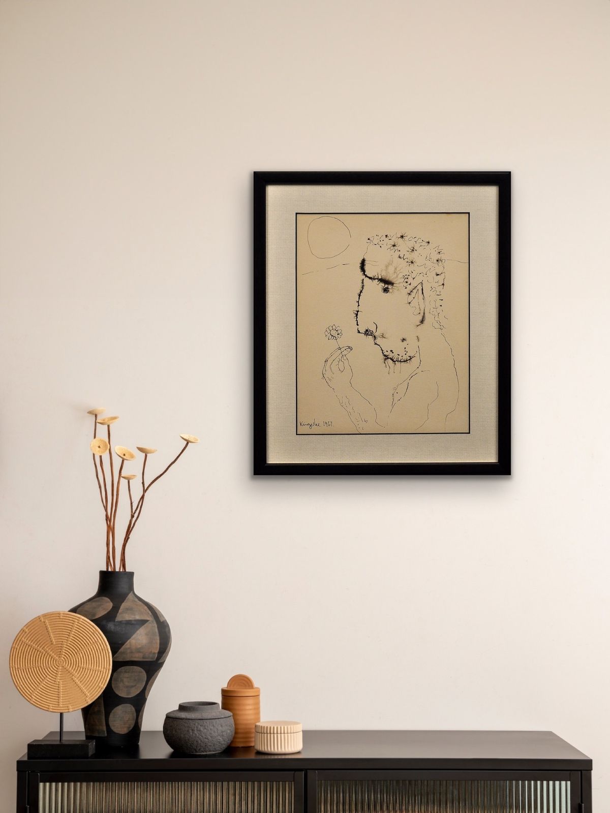 John Kingerlee B.1936. Irish. John, A Self Portrait. Framed Modern British Mid 20th Century Ink On Paper Flower Power Drawing Dated 1967. photo vinterior