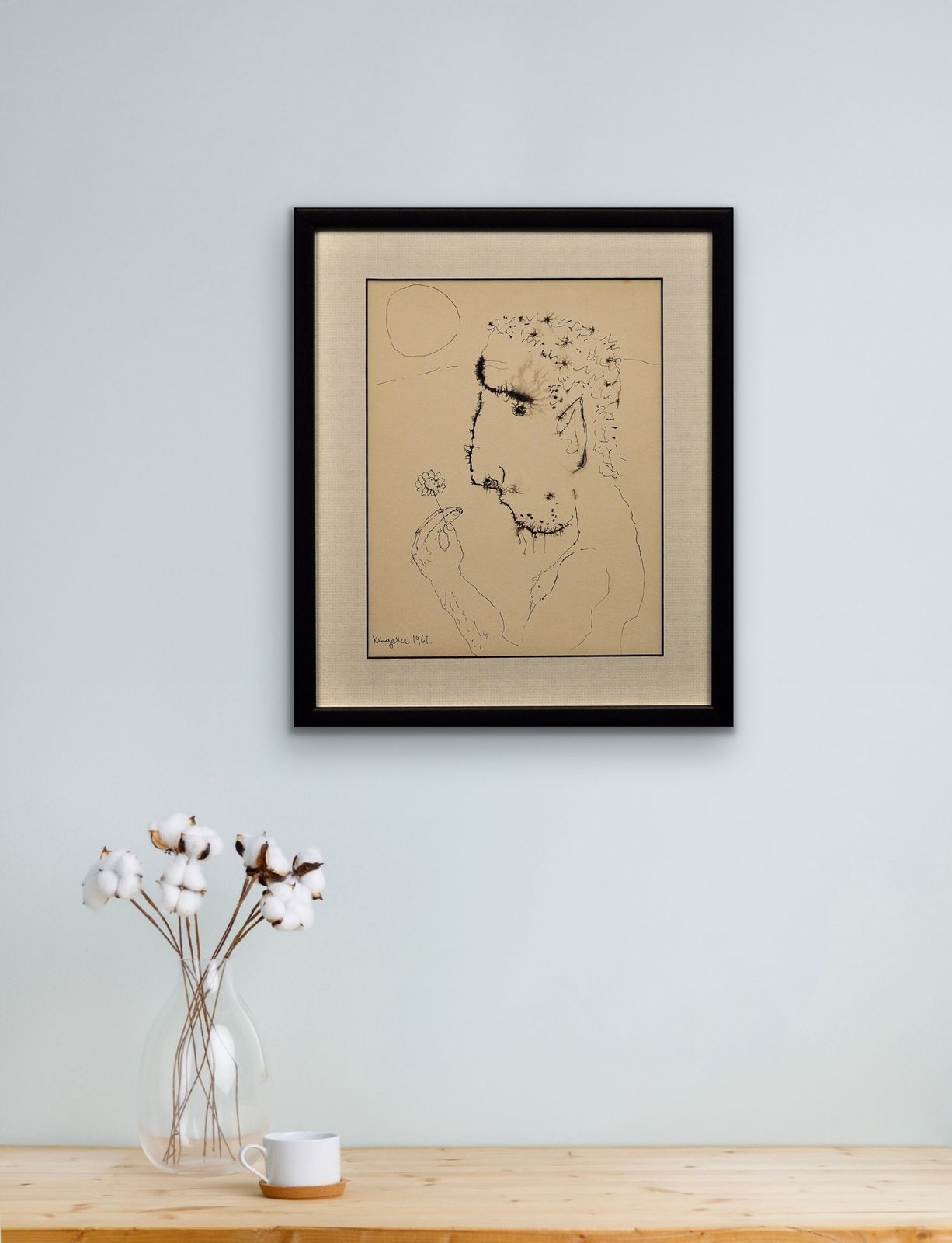 photo for sale John Kingerlee B.1936. Irish. John, A Self Portrait. Framed Modern British Mid 20th Century Ink On Paper Flower Power Drawing Dated 1967.