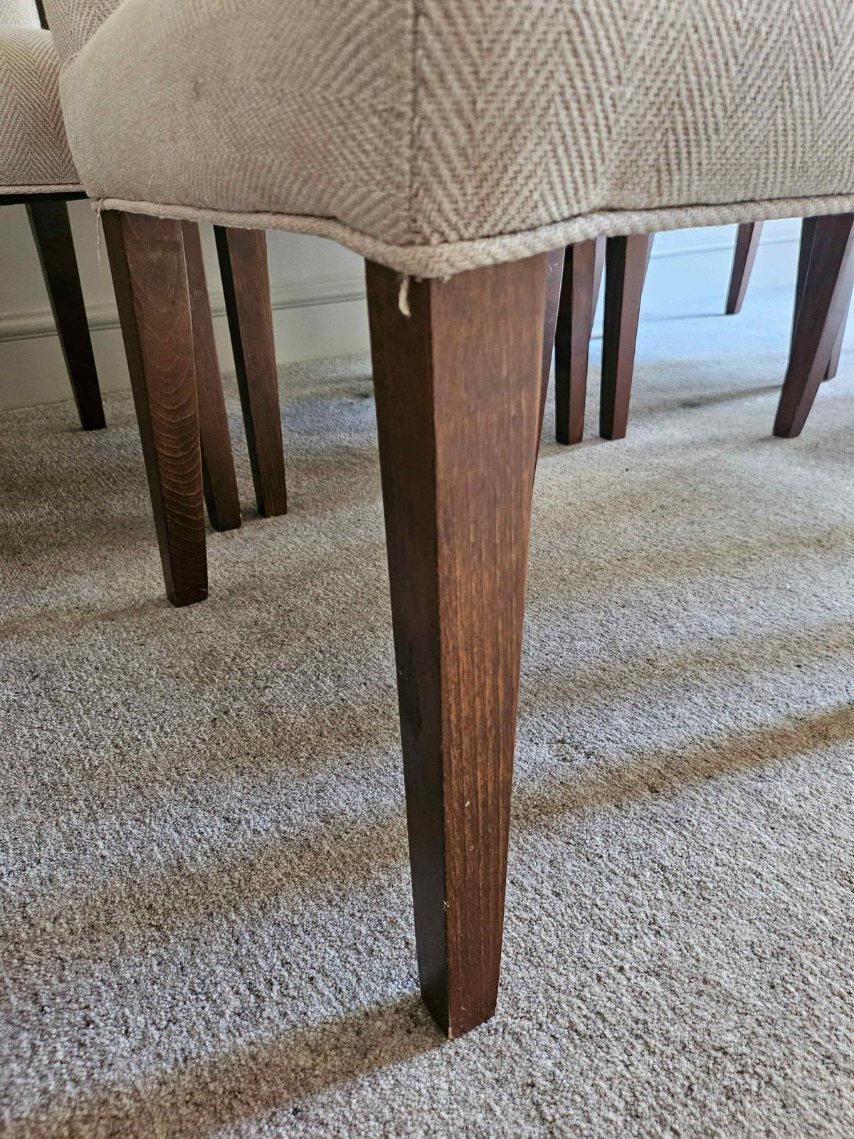 8 Lovely Neutral Bespoke Upholstered Dining Chairs In De Le Cuona Herringbone Woven Linen. photo for sale