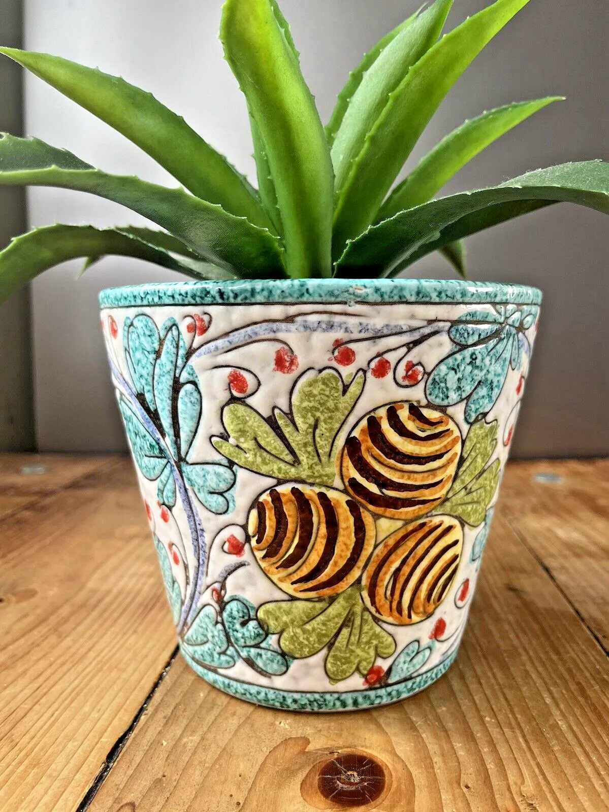 Mid Century Italian Floral Leaf Lemons Planter Plant Pot 60's Turquoise Fratelli photo Home Decor