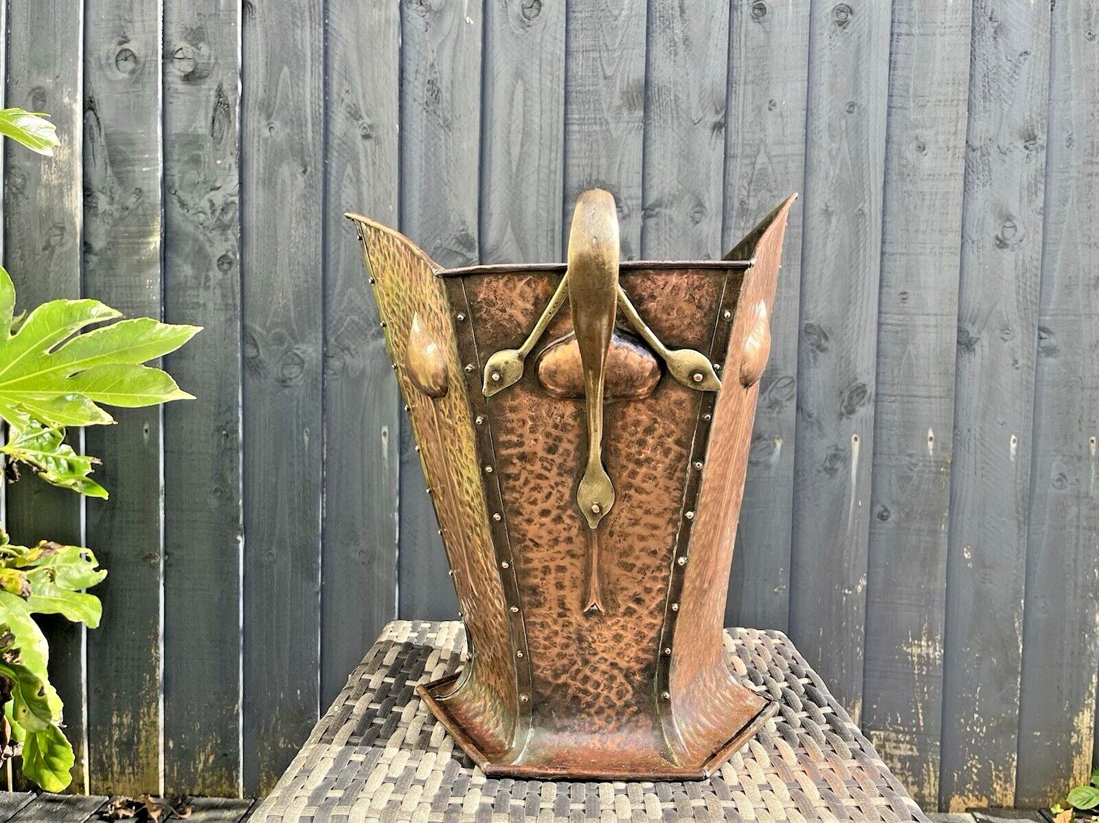 Home Decor Antique Art Nouveau Beaten Copper Brass Riveted Coal Box Scuttle Log Bucket Bin photo