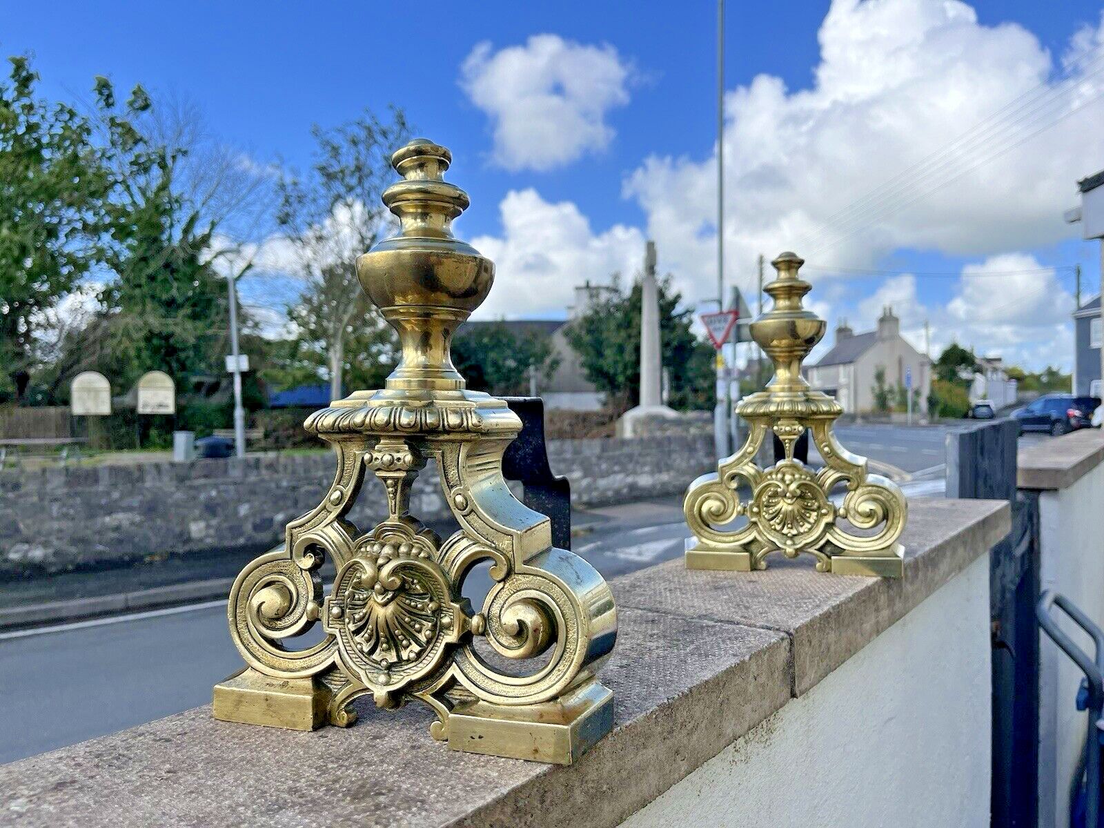 Pair Of Grand Antique Brass Rococo Country House Fireside Fire Dogs Andirons