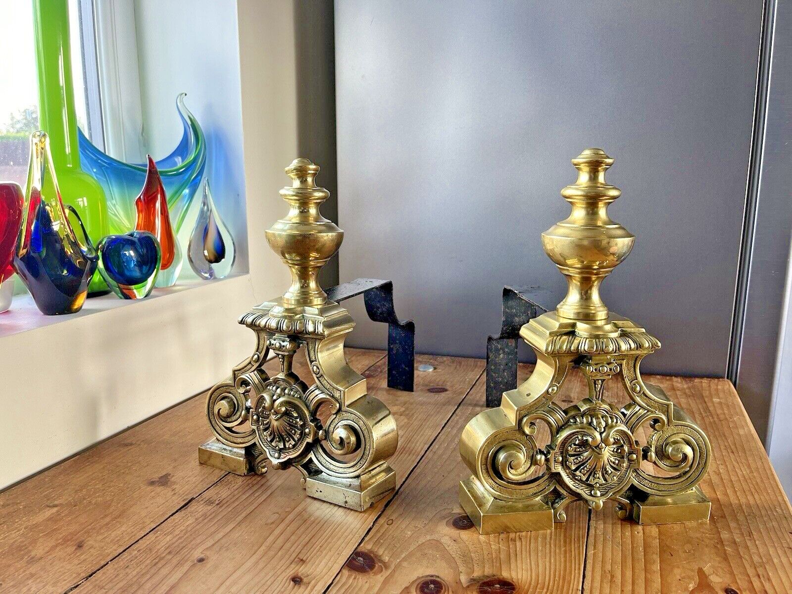 Pair Of Grand Antique Brass Rococo Country House Fireside Fire Dogs Andirons photo for sale