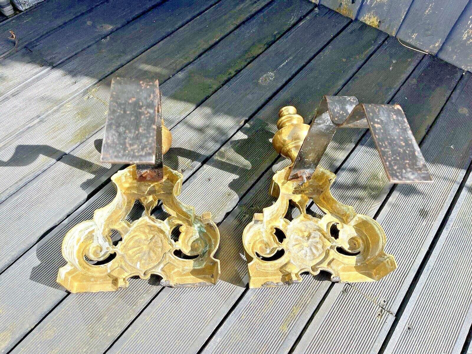 Home Fixtures Pair Of Grand Antique Brass Rococo Country House Fireside Fire Dogs Andirons photo