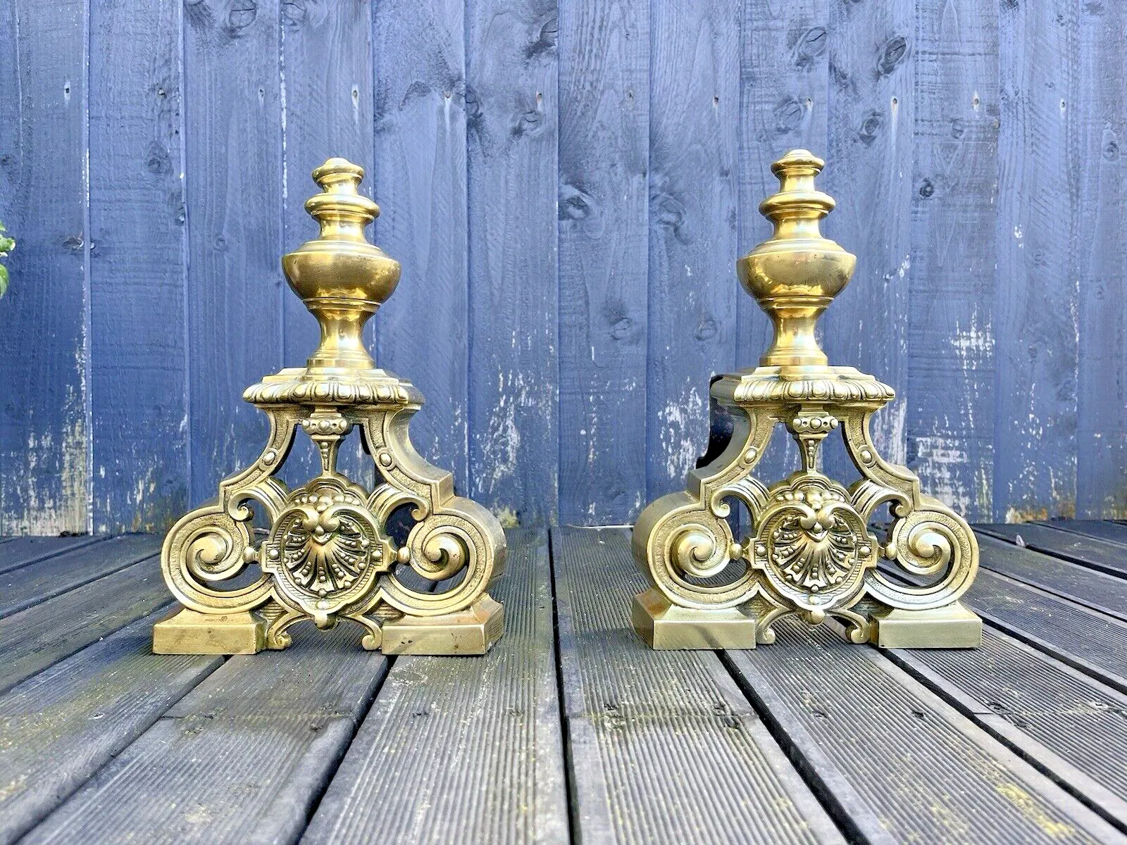 240.0 Pair Of Grand Antique Brass Rococo Country House Fireside Fire Dogs Andirons photo