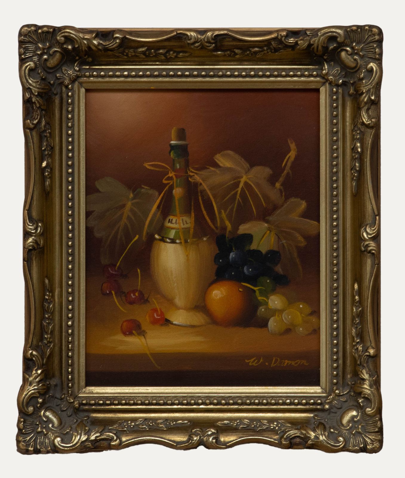 W. Damon Framed Contemporary Oil, Still Life With Fruit & Wine