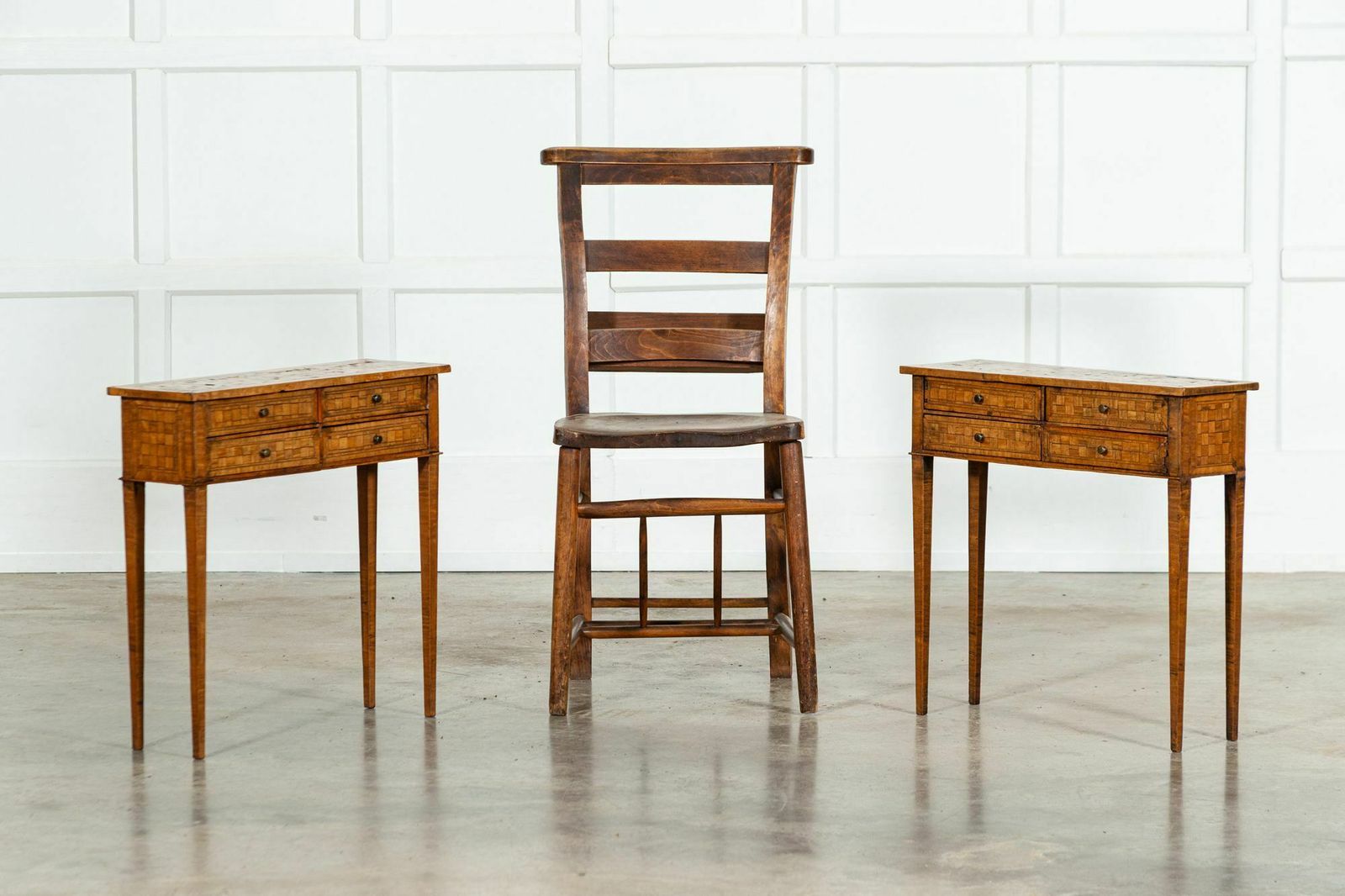 Pair Italian Oak Parquetry Inlaid Four Drawer Side Tables photo Furniture