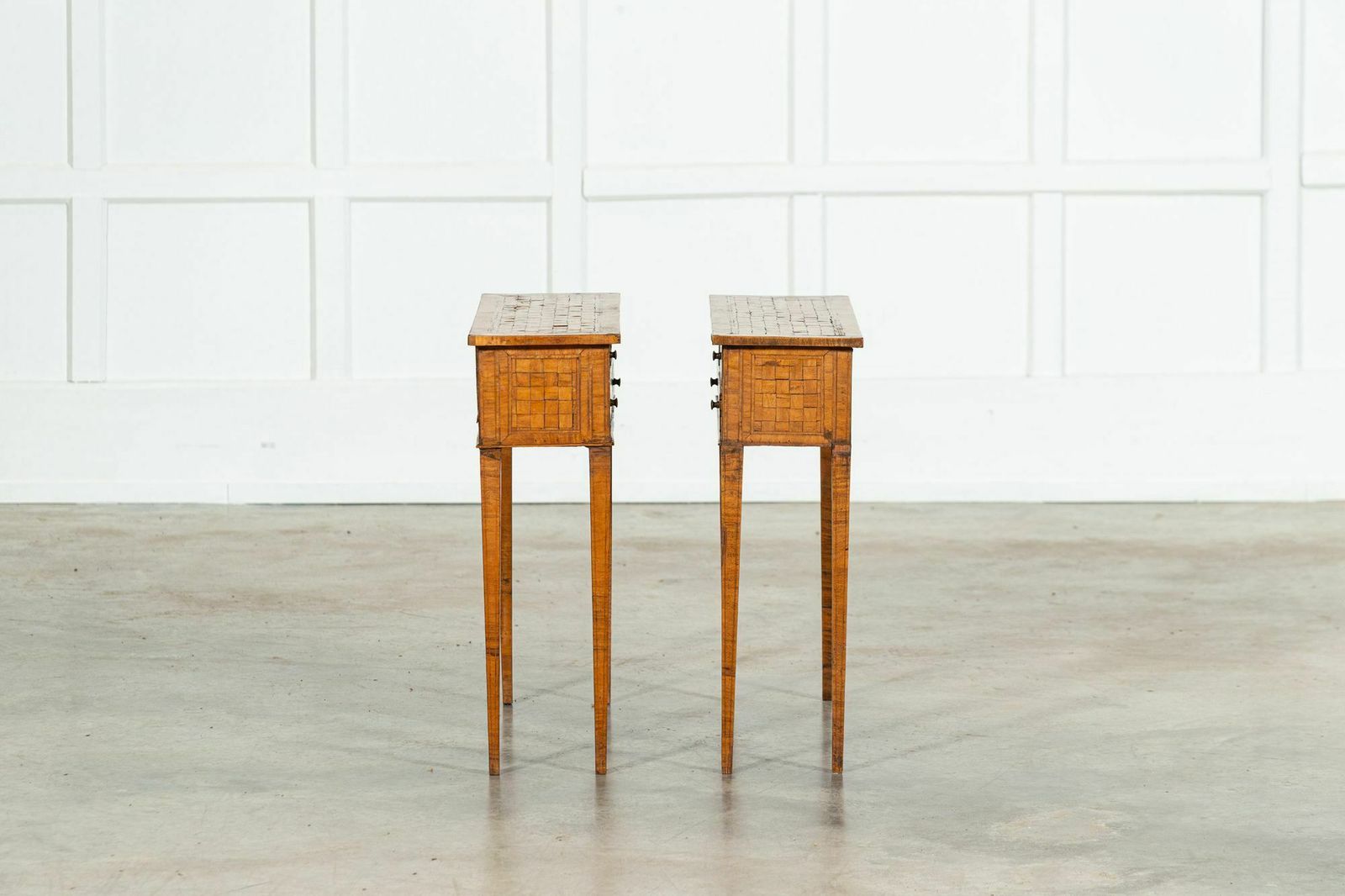 Pair Italian Oak Parquetry Inlaid Four Drawer Side Tables photo 2818.0