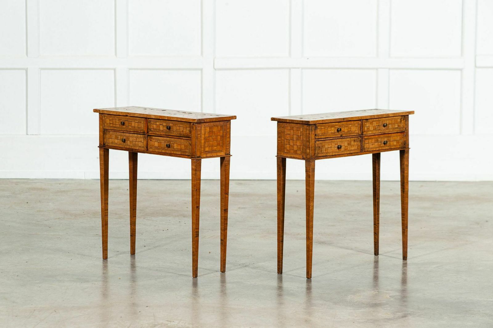 Pair Italian Oak Parquetry Inlaid Four Drawer Side Tables photo buy