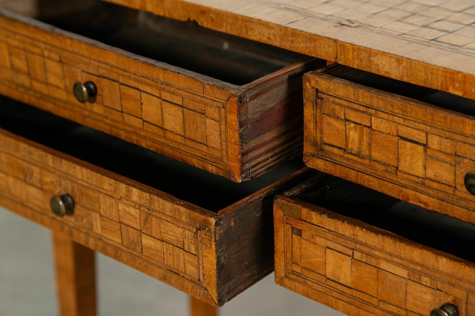 2818.0 Pair Italian Oak Parquetry Inlaid Four Drawer Side Tables photo