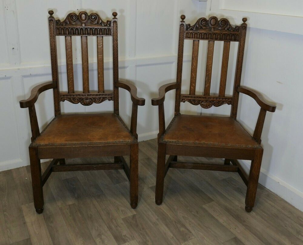 Pair Of Excellent Quality Arts And Crafts Carved Oak Carver Chairs