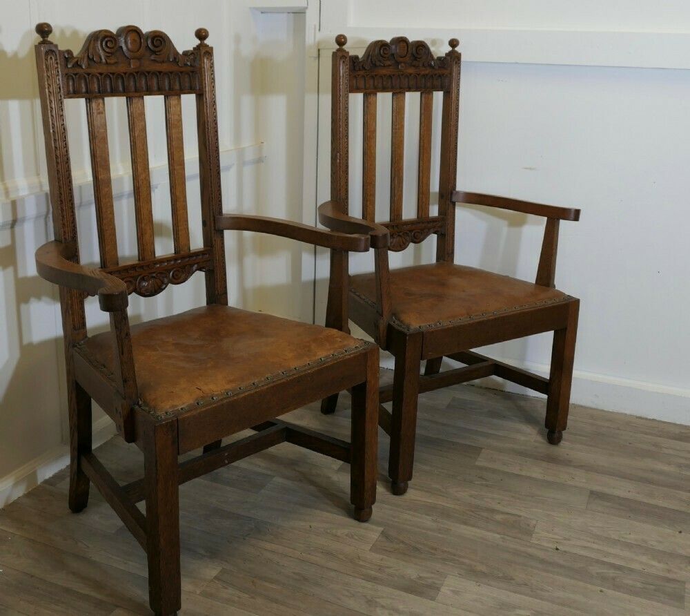 Pair Of Excellent Quality Arts And Crafts Carved Oak Carver Chairs photo furniture