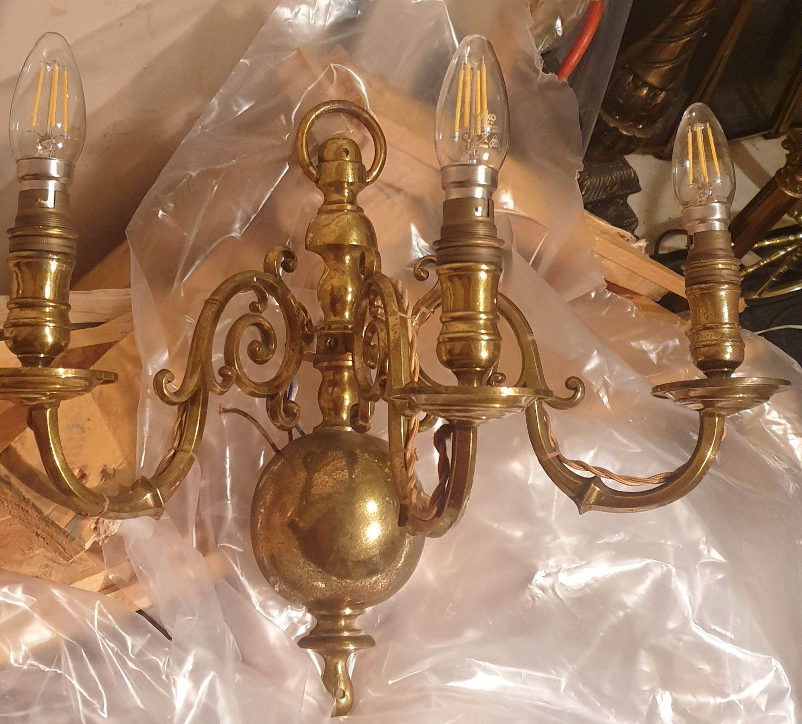 Rare Original Antique 19th Century Large Brass 3 Arm Flemish Wall Light Sconce Converted To Electric photo furniture