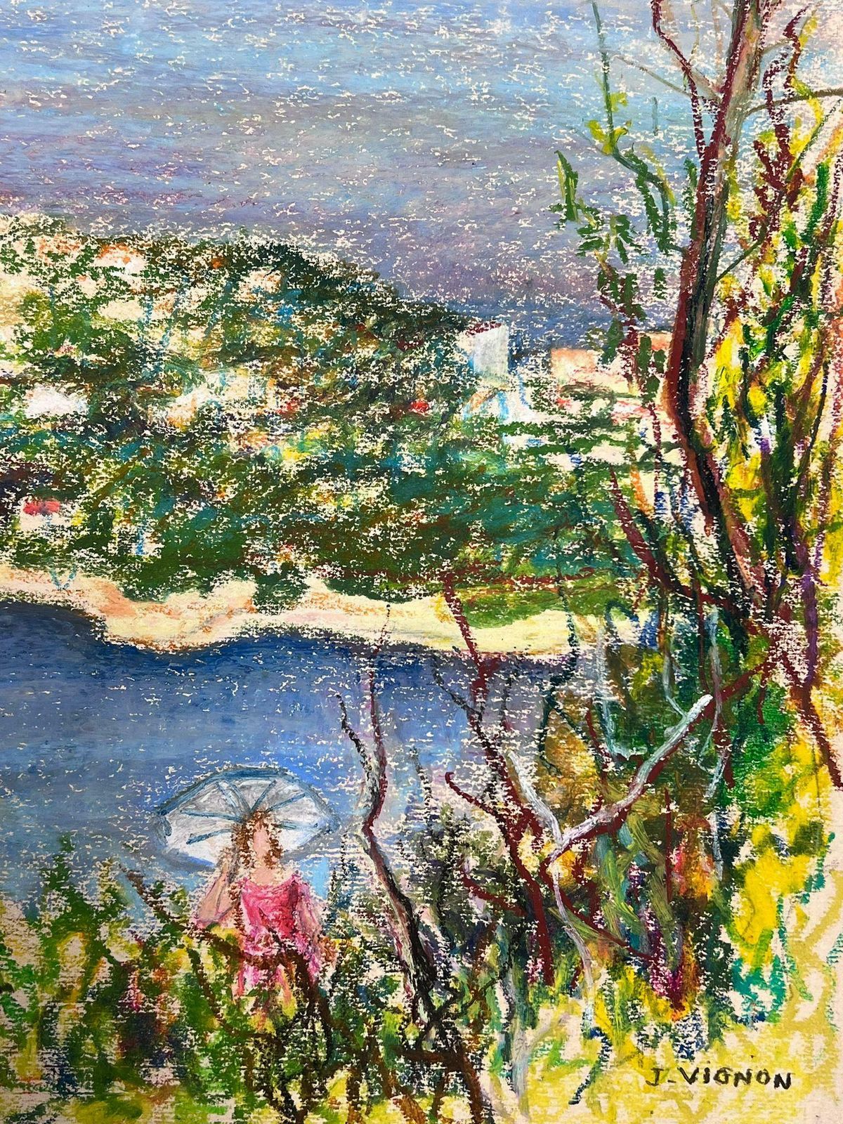 Josine Vignonlarge 1970's French Impressionist Pastel Figure In Côte D'azur Nice Landscape1977 photo furniture