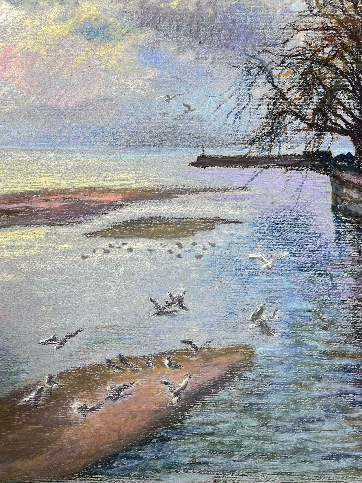 Josine Vignonwhite Birds Flying Over Blue Lakes Large 1970's French Impressionist Pastel 1977 photo vinterior