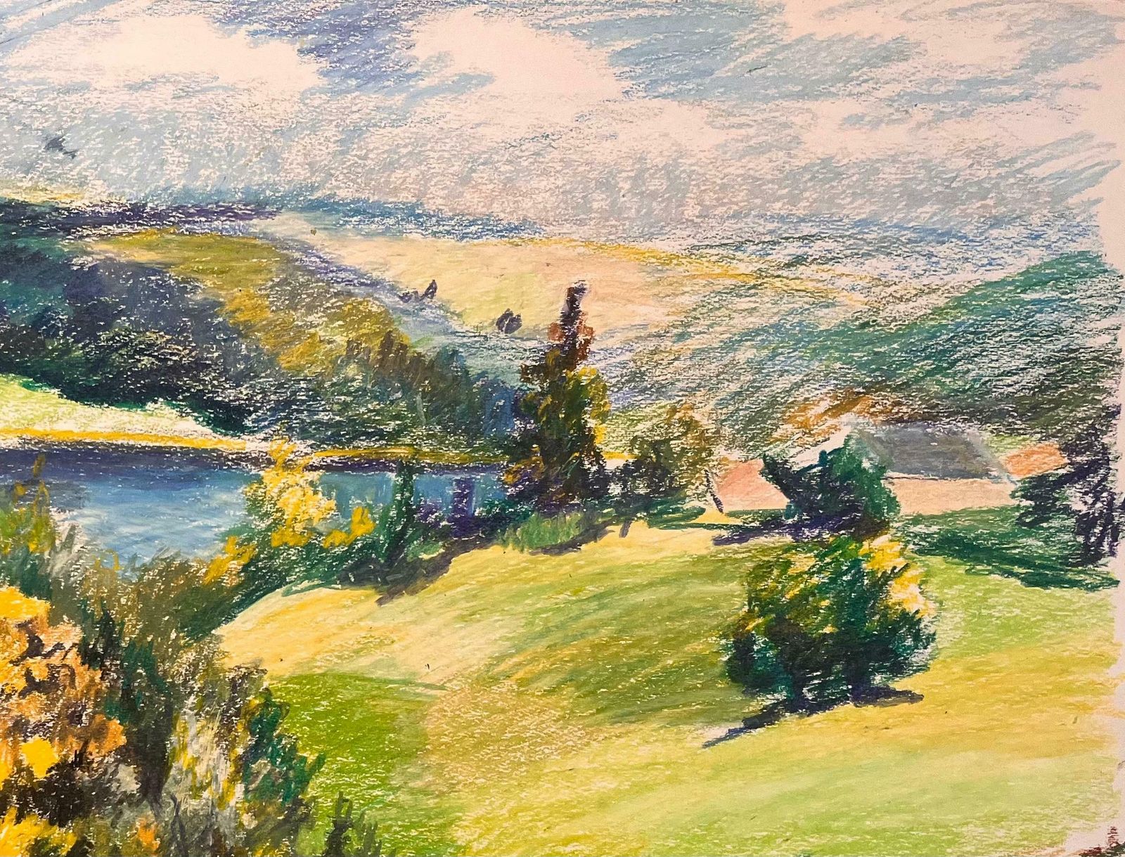 Josine Vignonmid Century French Original Pastel Drawing Of River Landscape And Rolling Hills1950's photo Art