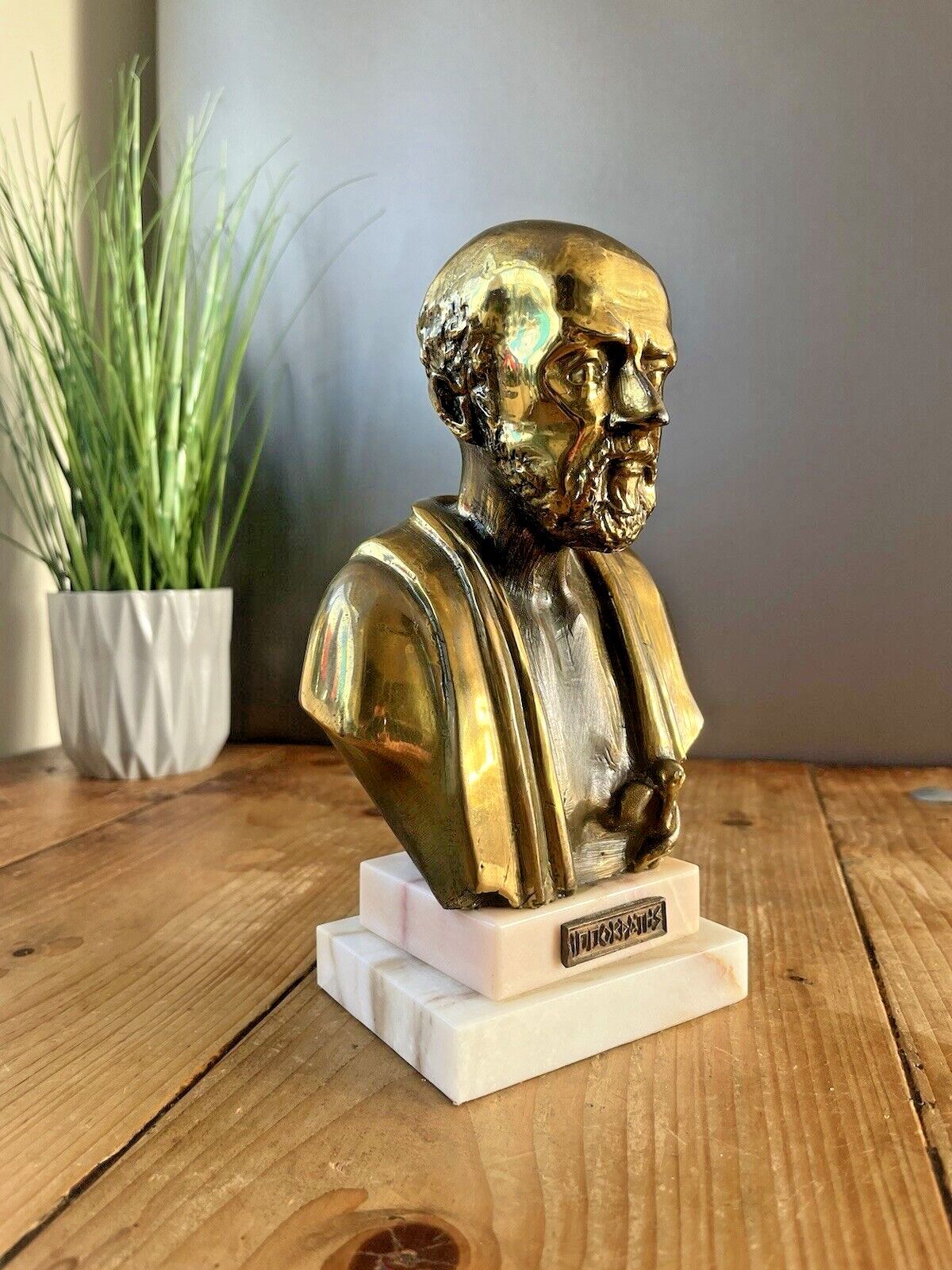 Vintage Cast Brass Marble Base Bust Greek Philosopher Hippocrates Sculpture Desk